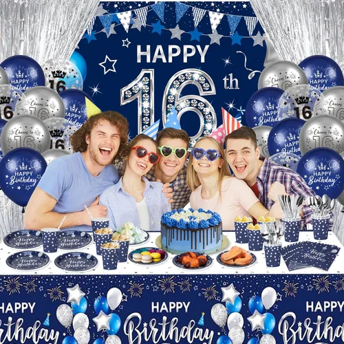 Miniatura 6 de Decoraciones de cumpleaños número 16 para niños y niñas, 131 unidades, azul marino, plateado, suministros para fiesta de cumpleaños de 16 años