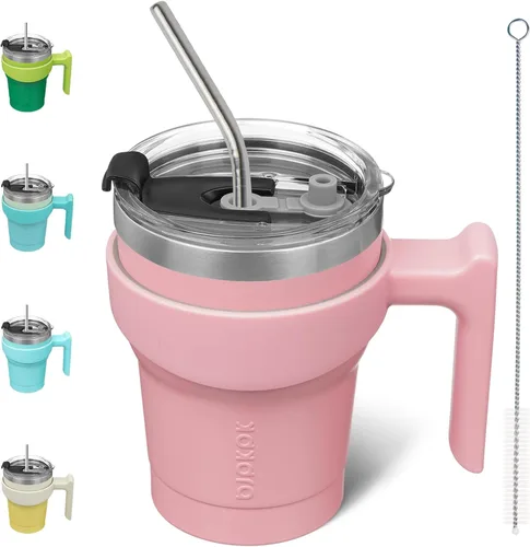 Miniatura 77 de BJPKPK Vaso con asa de acero inoxidable de 20 onzas, con aislamiento de doble pared, con tapa y pajita, color rosa claro A-rosa claro