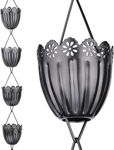 Cadena de lluvia de flores estriadas de 8.5 pies - Aluminio con recubrimiento en polvo negro - Reemplazo funcional y decorativo para bajantes de