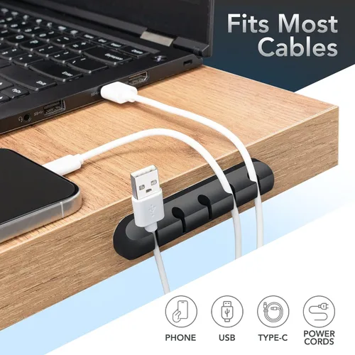 Miniatura 9 de Paquete de 5 clips organizadores de cables, soportes adhesivos fuertes para escritorio, pared y hogar, tamaños de ranura mixta (1, 2, 3, 5, 7)