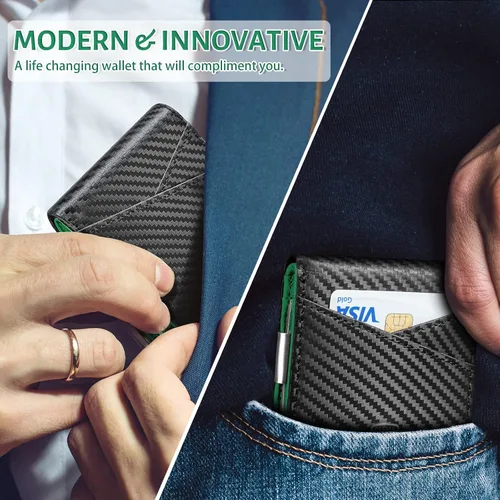 Miniatura 52 de GSOIAX Cartera delgada de cuero plegable RFID para hombre, billetera minimalista con bolsillo frontal con clip para dinero, 12 ranuras para Negro