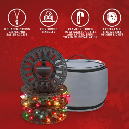 Miniatura 2 de Bolsa de Almacenamiento Premium para Luces de Navidad – Material 600D Resistente a Desgarros de Servicio Pesado con Asas Reforzadas – Incluye 3 Gris