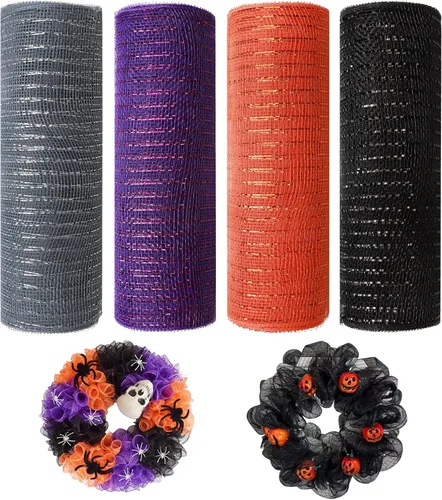 Miniatura 12 de 4 rollos de cinta de malla decorativa de otoño para suministros de fabricación de coronas, 10 pulgadas x 30 pies, cinta metálica de papel