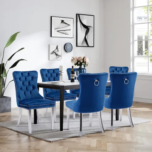 Miniatura 137 de Juego de 4 Sillas de Comedor de Terciopelo Tapizadas con Capitoné, Sillas Laterales de Cocina con Ribete de Tachuelas y Patas Chapadas en Oro