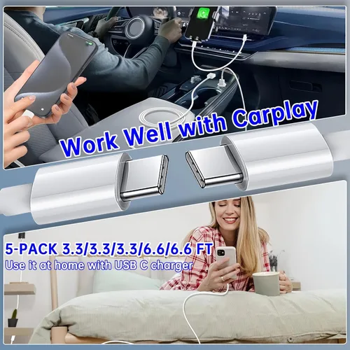 Miniatura 6 de Cable USB C a USB C de 60 W, paquete de 5 unidades a granel [5 x 3.3 pies] de carga rápida, cable tipo C compatible con teléfono 15/16 Pro/Max