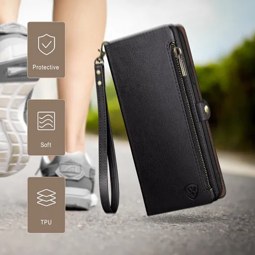 Miniatura 6 de XcaseBar Funda tipo cartera para Samsung Galaxy S22 Ultra con cremallera y tarjetero de crédito [bloqueo RFID], funda de piel sintética con tapa