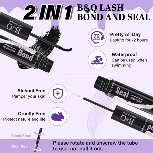 Miniatura 2 de B&Qaugen Pegamento de pestañas impermeable de 0.3 fl oz para pegar y sellar pestañas para racimos de pestañas, 72 horas, pegamento de pestañas negro