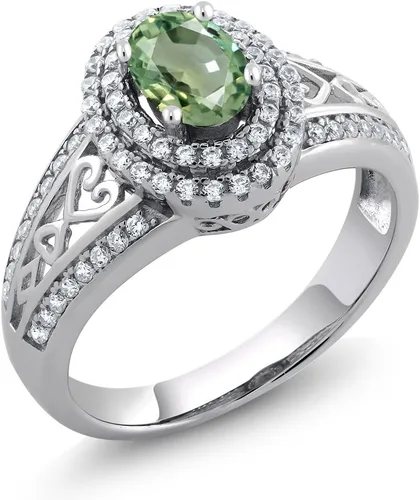 Miniatura 60 de Anillo de compromiso con halo de piedra preciosa y piedra natal en plata chapada en oro amarillo de 18 quilates, ovalado, 0.236 x 0.157 pulgadas