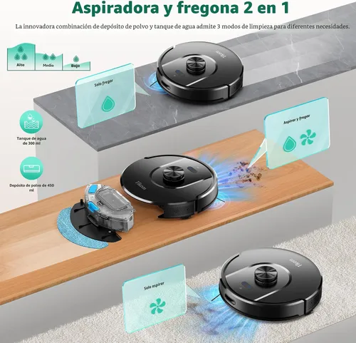 Miniatura 6 de Tikom Robot Aspirador y Fregona, Aspiradora Robótica de 6000 Pa con Base de Vaciado Automático, Capacidad de 90 Días, Navegación LiDAR, Mapeo