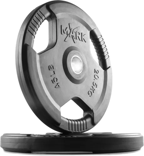 Miniatura 9 de XMARK TRI-GRIP - Par o juego de discos de peso olímpicos, pesas de ejercicio con revestimiento de goma para barra olímpica, juego de pesas