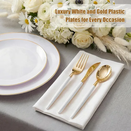 Miniatura 2 de DaYammi Juego de 150 platos de plástico dorado con cubiertos desechables, juego de vajilla desechable de oro blanco, 30 platos llanos, 30 platos