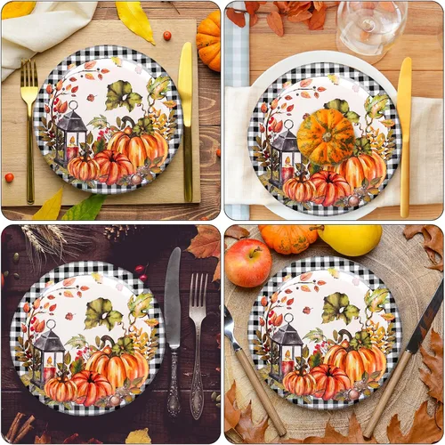 Miniatura 6 de Whaline 40 platos de papel de otoño de 9 pulgadas, platos desechables de acuarela de calabaza a cuadros para granja, Acción de Gracias, boda, fiesta
