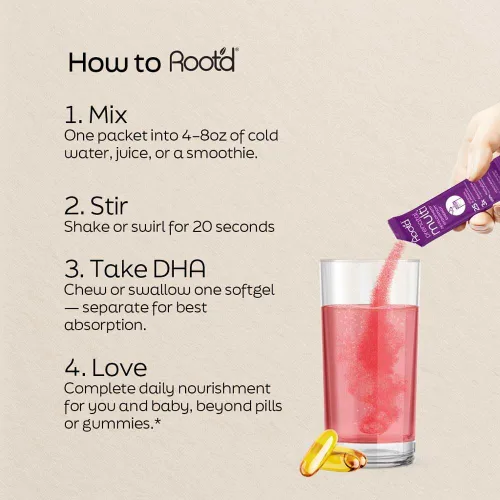 Miniatura 2 de Root'd DHA prenatal + polvo multivitamínico para apoyo al embarazo, desarrollo fetal, hidratación y refuerzo inmunológico, vegano, sin OMG, sin