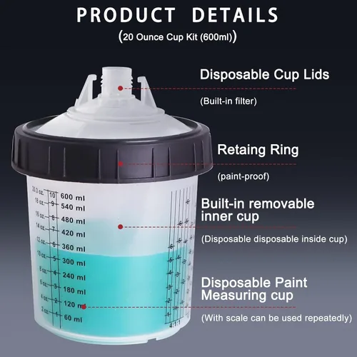 Miniatura 4 de Kit de Tazas Mezcladoras de Pintura Desechables, Kit de Tazas Mezcladoras para Pistola Pulverizadora de Pintura HVLP de 20 Onzas (600ml) con Sistema