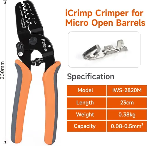 Miniatura 2 de Herramientas de crimpado iCrimp Mini Micro de barril abierto funcionan en AWG28-20 JAM, Molex, Tyco, terminales y conectores JST utilizados