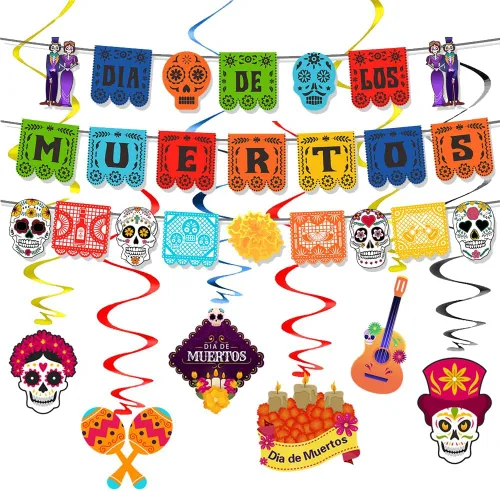 Decoraciones de fiesta mexicana, paquete de 3 pancartas y 6 espirales, colorido cartel de fiesta de fieltro, decoración del día de los muertos,