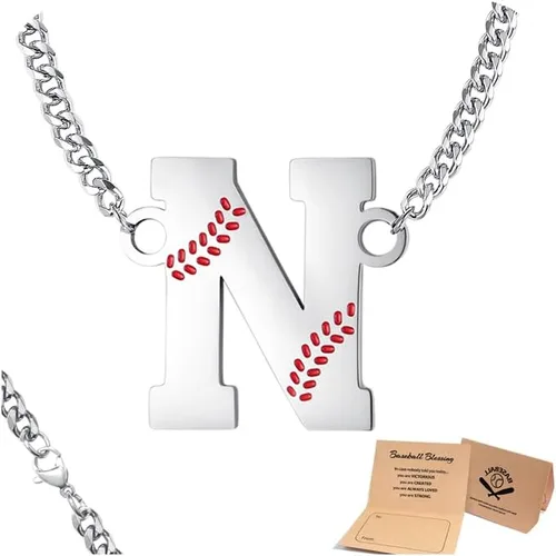 Miniatura 31 de QINJIEJIE Collar de béisbol inicial A-Z con letras, accesorios deportivos, colgante de encanto de béisbol, joyería de cadena de acero inoxidable 2-P