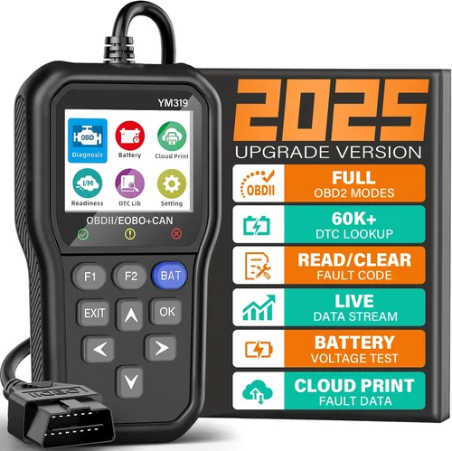 BluSon YM319 - Escáner OBD2, herramienta de diagnóstico con probador de batería, lector de código de falla del motor con datos en vivo, impresión en