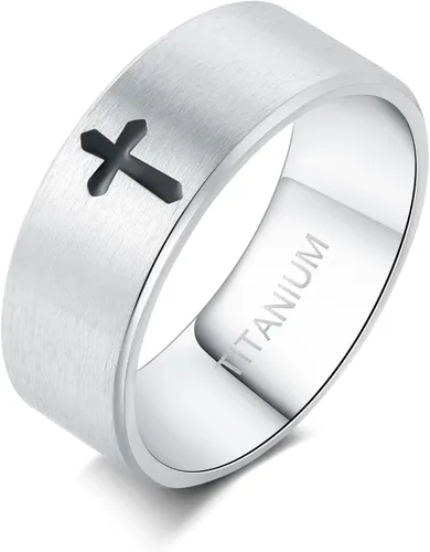 Miniatura 10 de Anillos de cruz para hombre, anillos de titanio puro de alta calidad para hombres, señor Jesús cristiano, 0.315 in, negro, plata, anillo de boda