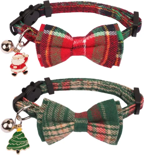 Miniatura 10 de PTDECOR Paquete de 2 Collares de Navidad para Gatos, Collar a Cuadros con Cascabel de Moño Extraíble, Collares de Navidad con Moño a Cuadros de Arco