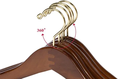 Miniatura 6 de 10 Perchas de Madera Curvadas Quality Hangers Hermosas y Resistentes para Trajes y Abrigos con Barra de Bloqueo Ganchos Dorados Acabado de Nogal (10)