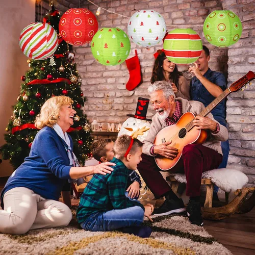 Miniatura 7 de Bencailor Juego de 12 linternas de papel colgantes de Navidad, linternas decorativas para fiesta de Navidad, lámparas colgantes redondas