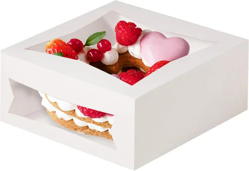 Fit Meal Prep Paquete de 25 cajas para pasteles con ventana de 8 x 8 x 4 pulgadas, contenedores de panadería blancos desplegables para postres,