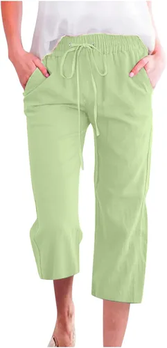 Miniatura 33 de Ceboyel Pantalones capri para mujer para verano, cintura elástica, pantalones de yoga, con cordón, pantalones de lino, pantalones de entrenamiento