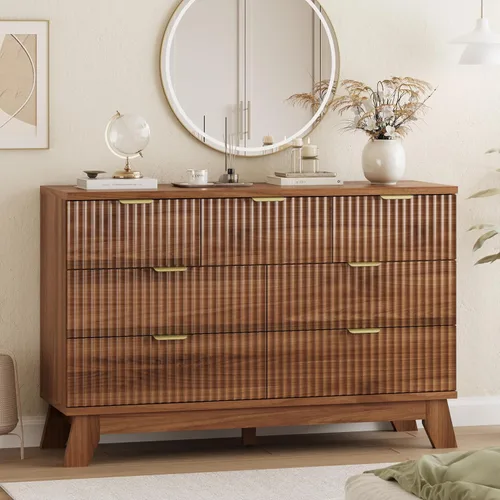 Miniatura 18 de Xixini - Cómoda moderna de madera acanalada para dormitorio, sala estar, pasillo o armario, para organizar y almacenar ropa o soporte de TV, 6 Roble