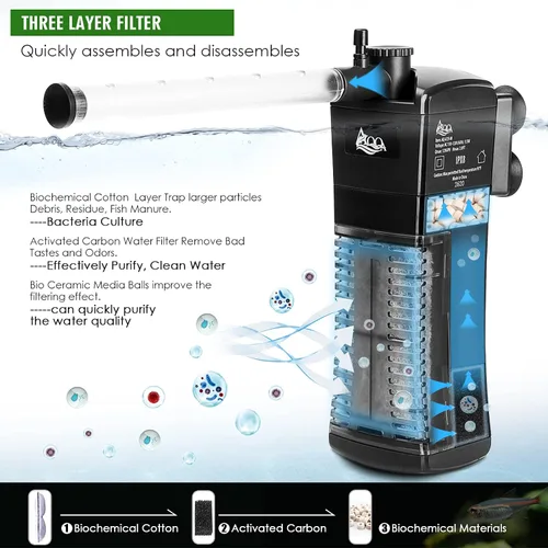 Miniatura 2 de AQQA Filtro interno para acuario, filtro de energía sumergible en el tanque con flujo de agua ajustable, filtro de esponja ultra silencioso