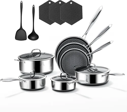 Miniatura 9 de Juego de utensilios de cocina de acero inoxidable de 5 capas de 15 piezas con tapas, ollas y sartenes antiadherentes, juego de utensilios de cocina