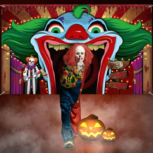 Miniatura 3 de Decoraciones de payaso de Halloween, telón de fondo de carnaval, pancarta de Halloween, payaso espeluznante, fotografía de fondo para terror, circo