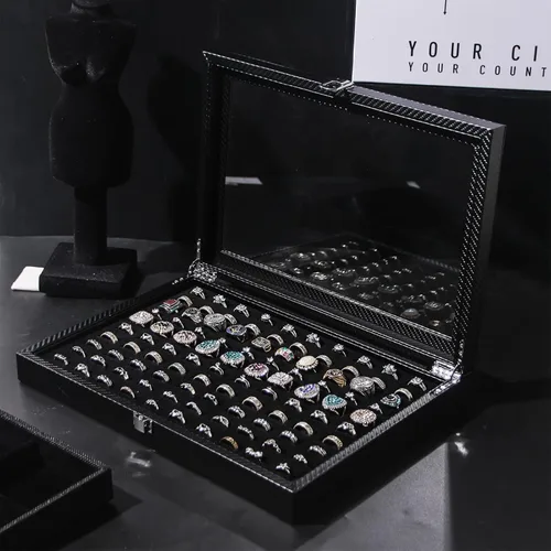 Miniatura 3 de Pengup Organizador de joyas con tapa de vidrio (fibra de carbono negra, anillos)