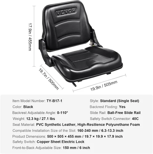Miniatura 7 de VEVOR Asiento universal de carretilla elevadora, asiento de tractor plegable con respaldo de ángulo ajustable y micro interruptor, 6.3-13.4