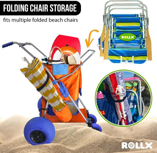 Miniatura 4 de RollX Carro de almacenamiento plegable con 4 ruedas de globo para arena, neumáticos de playa traseros de 13 pulgadas y delanteros de 7 pulgadas