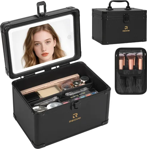 Miniatura 9 de Relavel Estuche de maquillaje con espejo LED, 01-Negro, Bolsa de maquillaje de viaje con espejo LED para niñas
