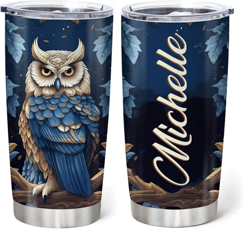 Miniatura 7 de Hyturtle Vaso Personalizado para Amantes de Búhos - Vaso de Café de Acero Inoxidable con Impresión de Búhos y Nombre Personalizado 590 ml con Tapa