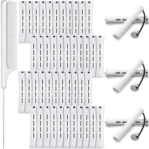 48 varillas y rizadores de plástico para el cabello con peine de acero para peluquería (blanco, 0.63 pulgadas/0.6 in)