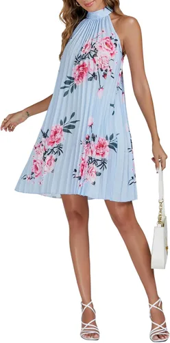 Miniatura 5 de Vrtige Vestido corto de mujer con cuello halter floral, plisado, sin mangas, dobladillo fluido, acampanado, para mujer