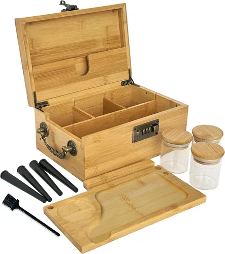 Caja de Almacenamiento Grande de Bambú con Cerradura de Combinación y Accesorios - Juego Organizador de Caja de Almacenamiento Premium con Asa y