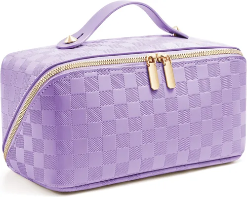 Miniatura 11 de Bolsa de cosméticos de viaje de gran capacidad - Bolsas de maquillaje portátiles para mujeres, impermeable, de cuero PU a cuadros, con organizador