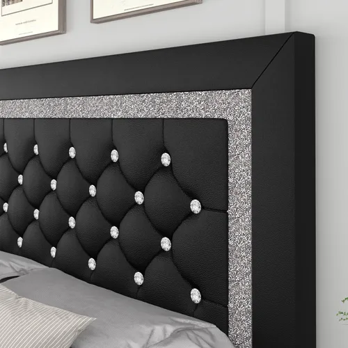 Miniatura 5 de Base de cama individual, plataforma de piel sintética con cabecera tapizada de diamante, base de colchón con fuerte soporte de listones de madera