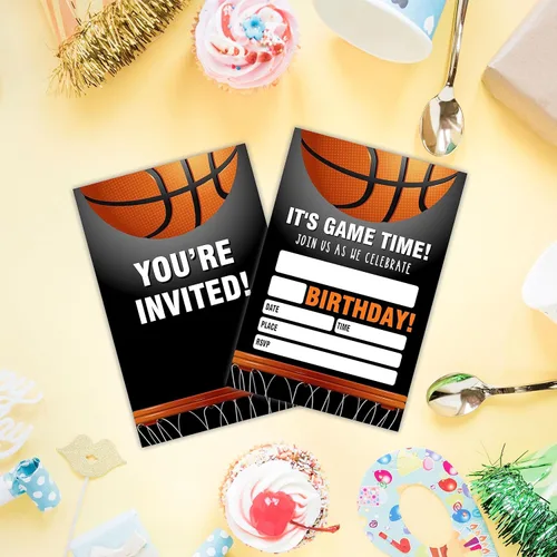 Miniatura 3 de AWSICE Invitaciones de cumpleaños de baloncesto, 20 tarjetas de invitación con sobres, tarjetas de invitación deportivas de doble cara para fiesta