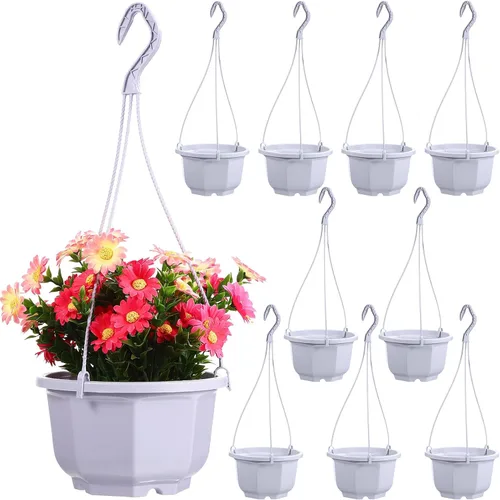 8-Inch Hanging Planters Octagonal Plastic Flower Pots with Hook, 10pcs Indoor Hanging Plant Baskets for Balcony and Garden, White Gardening