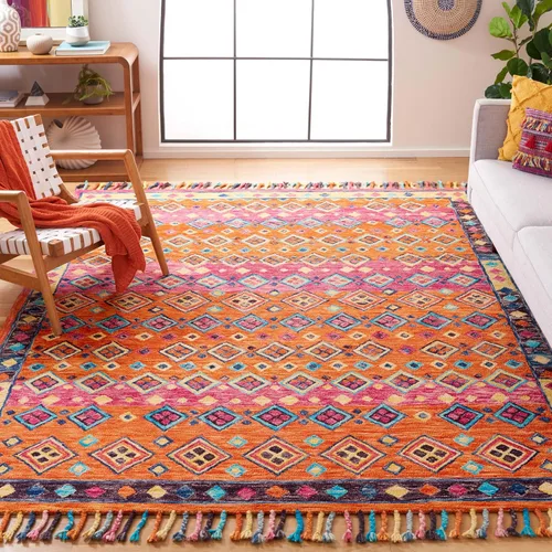 Miniatura 6 de SAFAVIEH Aspen Collection - Alfombra cuadrada de 3 pies, naranja y fucsia, hecha a mano, lana trenzada con borlas, ideal para zonas de alto tráfico