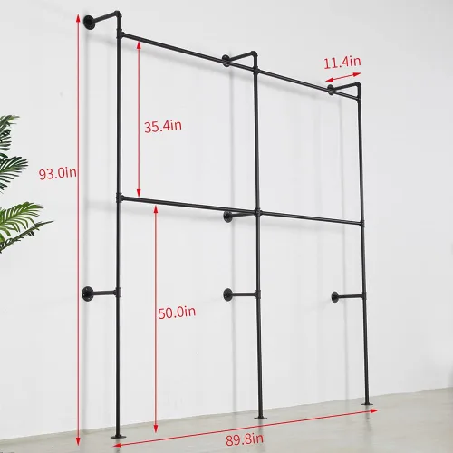 Miniatura 3 de Perchero industrial para ropa de tubería resistente, doble barra de armario, barras de ropa para colgar ropa, montaje en la pared, sistema