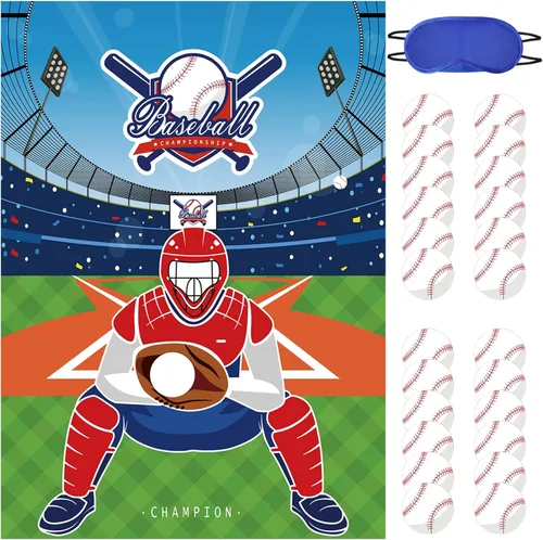 JOARHONAL Pin the Baseball on the Glove - Póster de juegos de fiesta de béisbol para niños de 20 x 28 pulgadas con 24 calcomanías reutilizables con