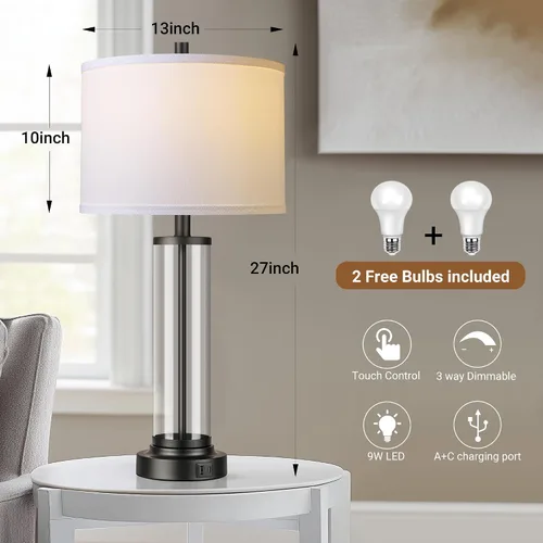 Miniatura 3 de QiMH Juego de 2 lámparas de mesa con control táctil con puertos USB, lámpara de noche regulable de 3 vías para sala de estar, dormitorio, casa