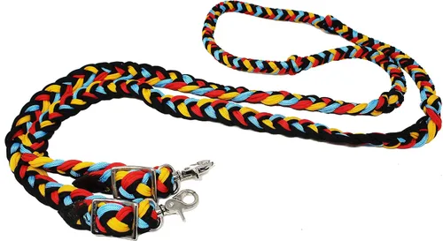 Miniatura 5 de CHALLENGER Pro Rider Hand Braided Multicolored Nylon Horse Barrel Reins w/Snaps 607152