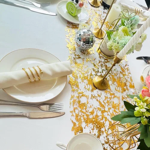 Miniatura 2 de Camino de mesa negro y dorado de 11 pulgadas x 49 pies de malla dorada metálica para despedida de soltera, comedor, boda, fiesta, decoración de mesa